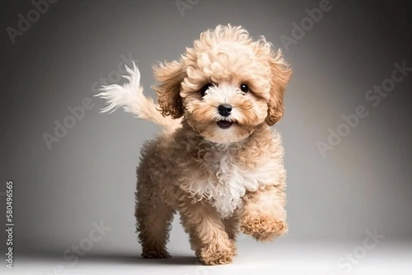 Fototapeta Little dog Maltipoo poses. A cute, playful dog or pet playing on a white studio background. The idea that people love their pets. It seems happy and funny. Generative AI