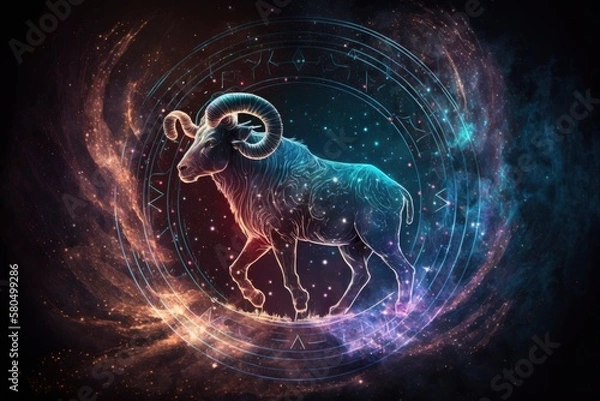 Fototapeta zodiac sign aries, magic circle galaxy universe stars astronomy astrology, fantasy dream elements, generative ai