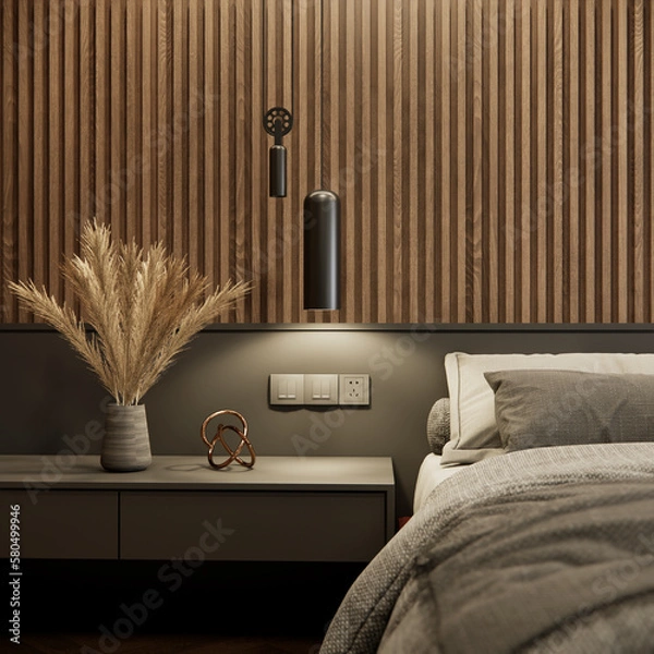 Obraz 3D rendering of Modern interior of dark tone bedroom with bedding and decorative with trendy dried flowers