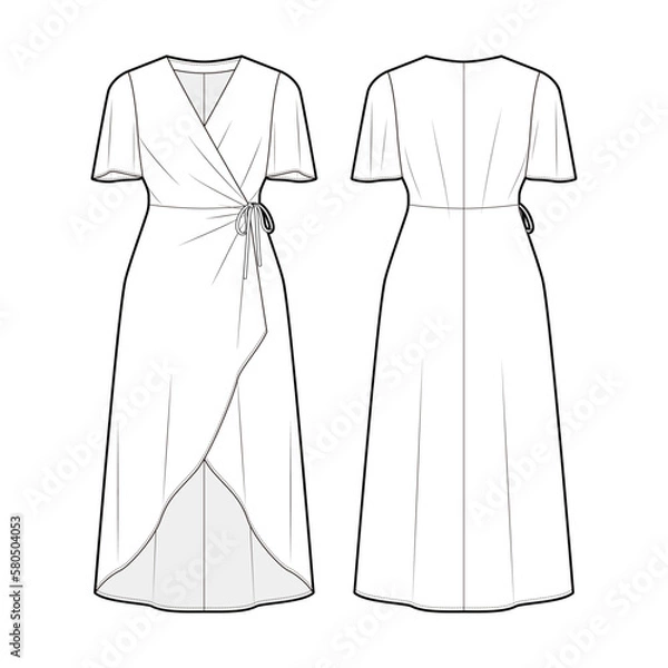 Obraz Women's Crossover Short Sleeve Wrap Dress fashion vector sketch, Apparel template - Illustrator CC