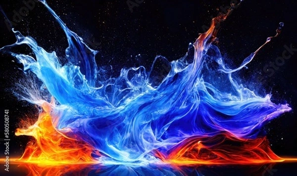 Fototapeta Water splashes with blue and orange colors, abstract like fire and smoke. Generative AI