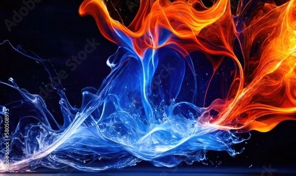 Fototapeta Water splashes with blue and orange colors, abstract like fire and smoke. Generative AI