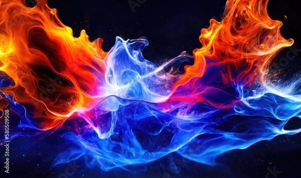 Fototapeta Water splashes with blue and orange colors, abstract like fire and smoke. Generative AI
