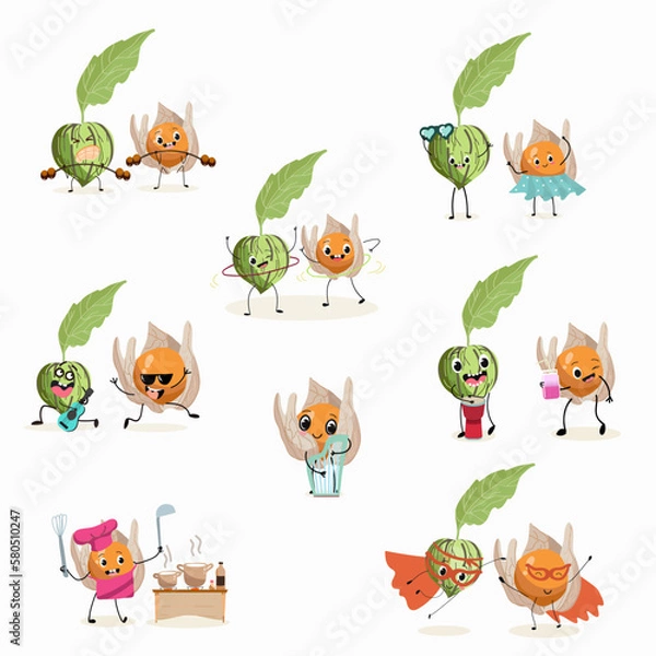 Fototapeta Illustration vector set, collection with funny  tomatillo, tomato, physalis, physalis, uvilla, phisalis,
uchuva, phisalys, ground cherry 
characters doing sports, playing musical instruments.