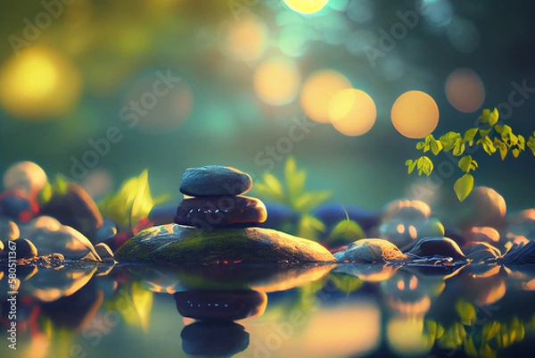 Fototapeta Digital art painting. beautiful landscape with colorful peace calm relax. meditation place. bokeh background.