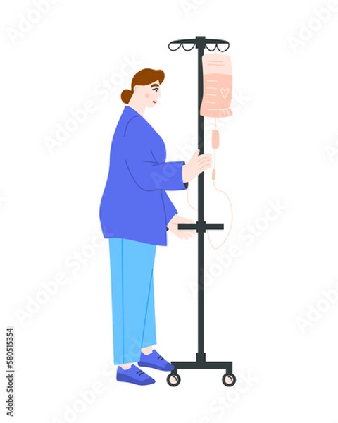 Obraz Woman standing with intravenous drip on a white background. Female patient with vitamin dropper during treatment at hospital. Vector flat illustration