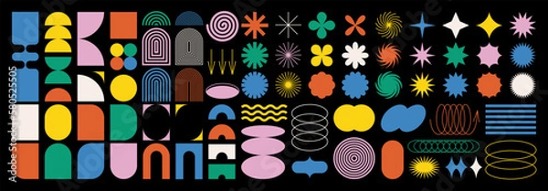 Fototapeta Brutalistyczne abstrakcyjne geometryczne kształty i siatki. Brutalna współczesna gwiazda figurowa owalna spiralna kwiat i inne prymitywne elementy. Szwajcarski projekt estetyczny. Projekt Bauhaus Memphis.