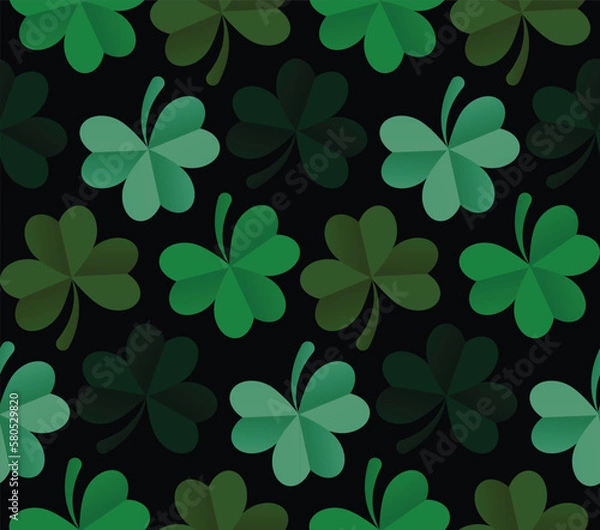Fototapeta Shamrock or green clover leaves pattern background flat design vector illustration isolated on dark green background. St Patricks Day shamrock symbols decorative elements textile pattern 