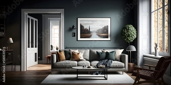 Fototapeta interior design of living room in minimal style, Generative AI