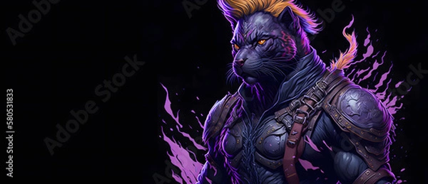 Fototapeta A colorful abstract portrait muscular cat on black background. Generative AI.