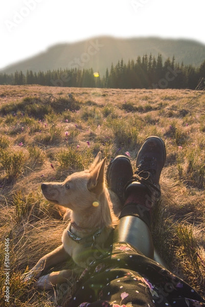 Fototapeta Dog and owner hiker enjoying mountain view isolated PNG photo with transparent background