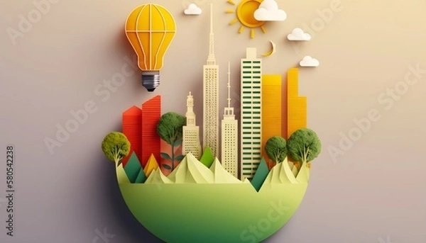Obraz Green Eco City: Achieving Carbon-Neutral Energy and Saving the Environment with Renewable Energy  Paper Cut of Light Bulb and Greenhouse Gas Emission CO2