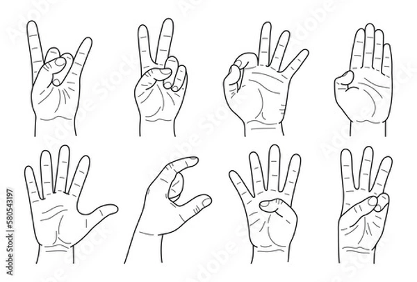 Fototapeta Hands gestures hand drawn set stroke outline logo graphic art design isolated on white background. Vector.