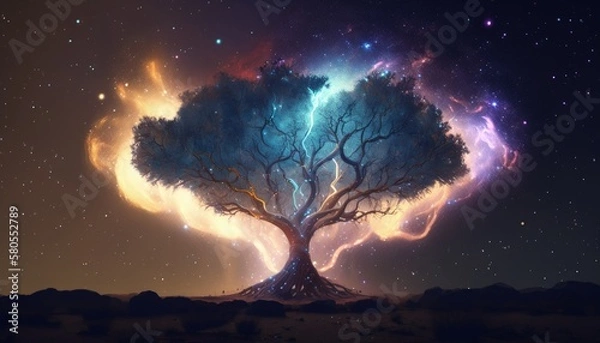 Fototapeta Landscape with mystical tree, milky way and stars in the sky. Generative AI