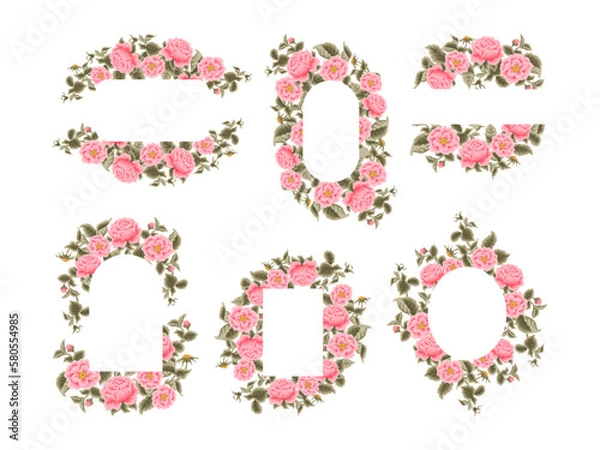 Fototapeta Vintage hand drawn vector flower wreath frame illustration arrangement collection with pink rose floral, peony, and leaf branch elements