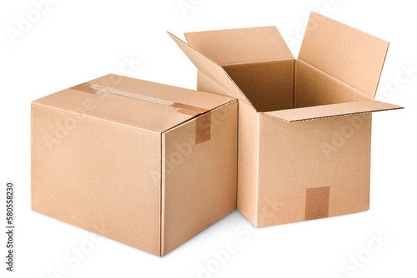 Fototapeta one open and one closed cardboard box on isolated white background, front view
