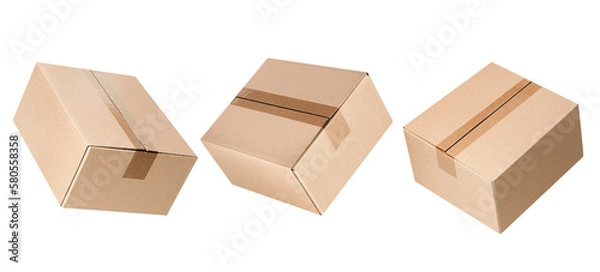 Fototapeta three levitating closed cardboard boxes from different angles on an isolated white background