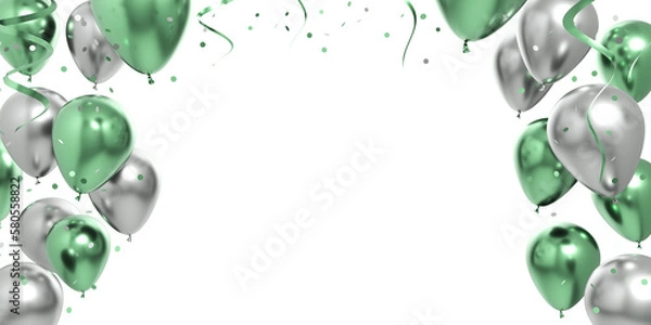 Obraz celebration green silver balloons and confetti 3d