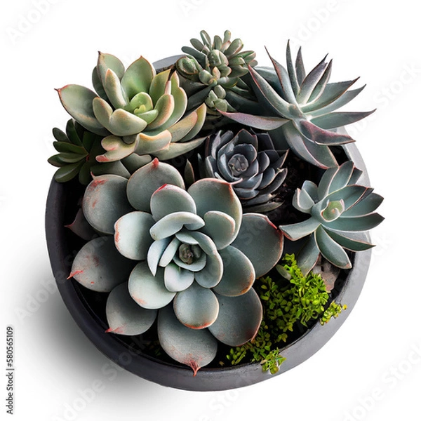 Fototapeta succulents potted in a grey pot, isolated, flat lay / top view