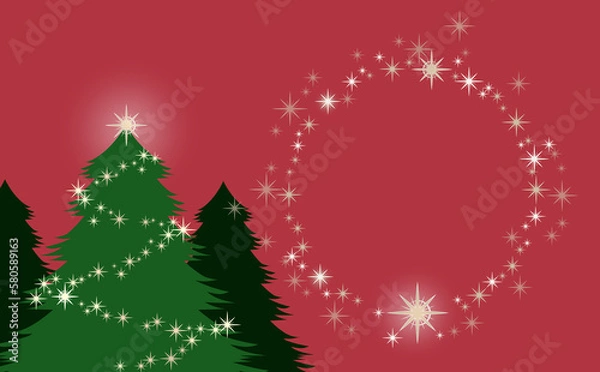 Obraz クリスマス☆イラスト素材 ツリー大とキラキラ星の丸フレーム 赤背景 色違い・差分有