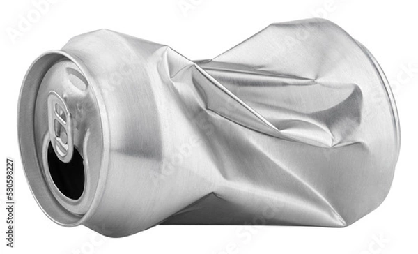 Fototapeta Crumpled empty blank soda or beer can garbage isolated on transparent background