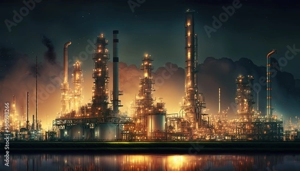 Obraz factory with many chimney or oil gas plant petroleum industry, Generative Ai