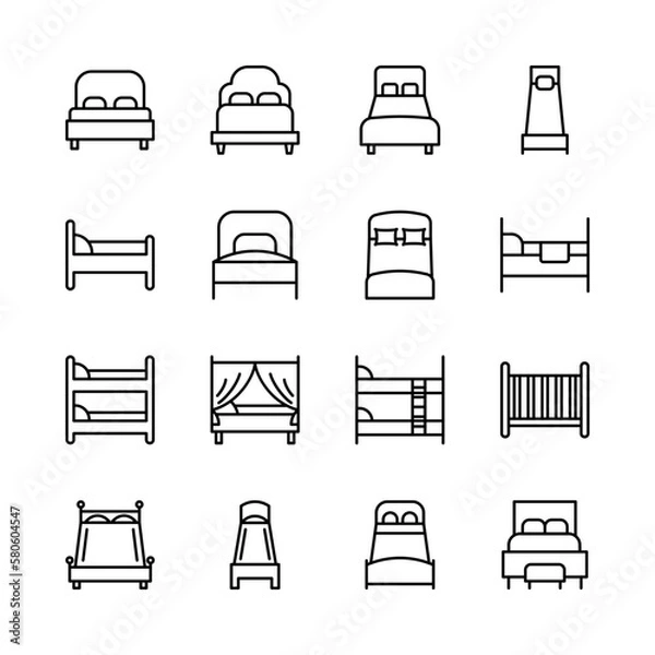 Fototapeta Bed flat line icons set. Different types of bed design and styles. Simple flat vector illustration for web site or mobile app.