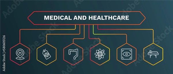 Fototapeta set of medical and healthcare white thin line icons. medical and healthcare outline icons with infographic template. linear icons such as tag with a cross, colon, atomic structure, eye scanner