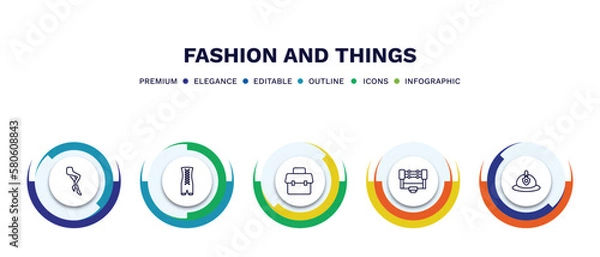 Fototapeta set of fashion and things thin line icons. fashion and things outline icons with infographic template. linear icons such as tights, bandages, office briefcase, boxing ring, firefighter hat vector.