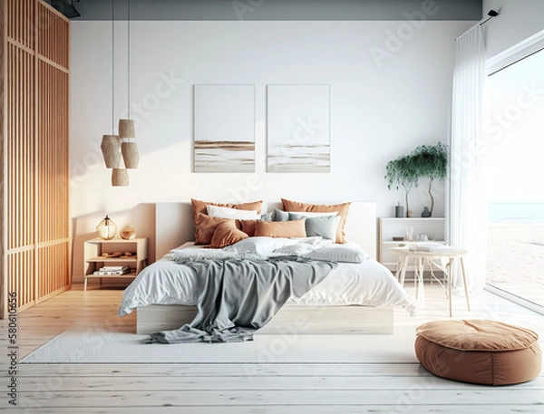 Fototapeta Illustration of a modern bedroom in a beach villa. created with Generative AI technology.
