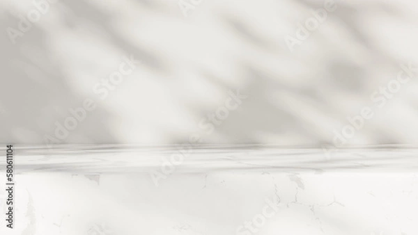 Fototapeta Minimal empty white marble counter table top in sunlight and tree leaves shadow on white wall background for beauty treatment product display, 3D render