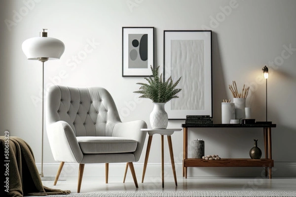 Fototapeta Minimalist composition of elegant living room space. Illustration AI Generative