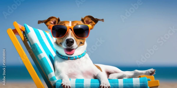 Obraz jack russell terrier dog with sunglasses sunbathing on sun lounger. summer and vacation concepts. generative ai