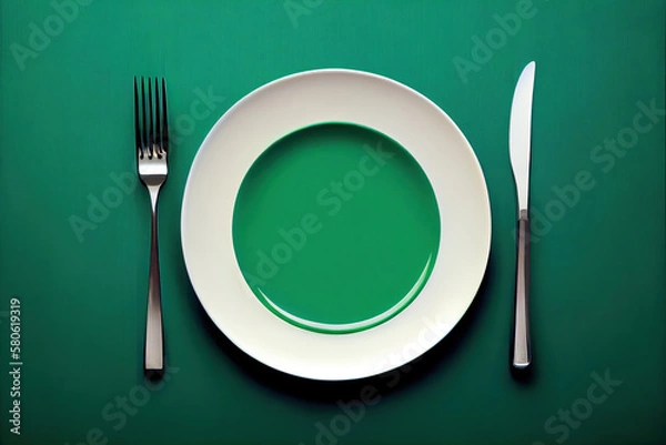 Fototapeta Clean empty plate with knife and fork on green background place setting top view. AI generated