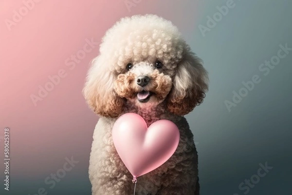Fototapeta Spread Love with a Smiling Poodle Puppy Holding a Pink Heart-Shaped Balloon on Valentine's Day or Birthday, Generative AI.