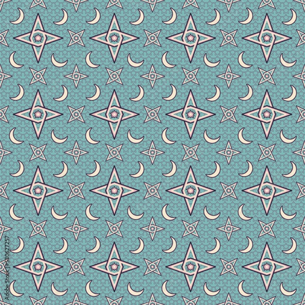 Fototapeta Moon and four pointed star seamless pattern, Fabric background repeating