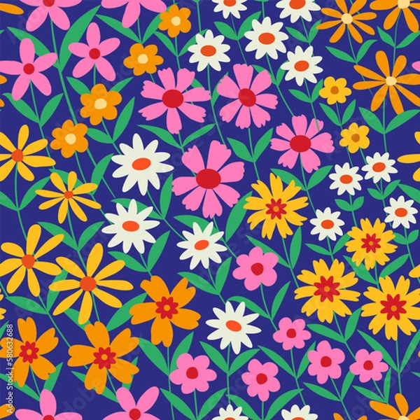 Obraz Cute Retro 70s boho Flowers seamless pattern in pink, yellow, orange and white with green leaves on navy blue background. For textile, wallpaper and fabric 