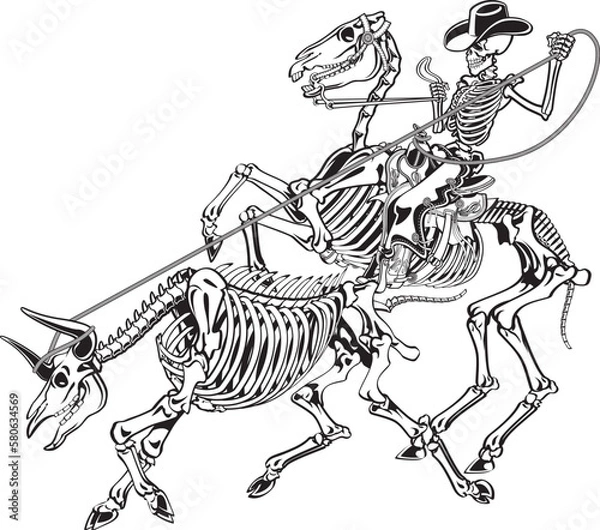 Fototapeta Skeleton cowboy on skeleton horse catching skeleton bull with lasso