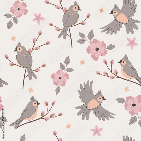 Fototapeta Seamless pattern with birds and pink flowers. Vector graphics.