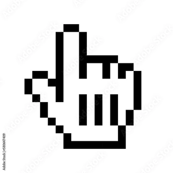 Fototapeta Pixel retro cartoon cursor hand arrow. Psychedelic groovy control web element. Black and white simple icon. (Full Vector)