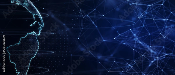 Fototapeta Blue futuristic background with planet Earth. Composition, representing the global, network connection, international meaning. Global social network. 3d illustration.