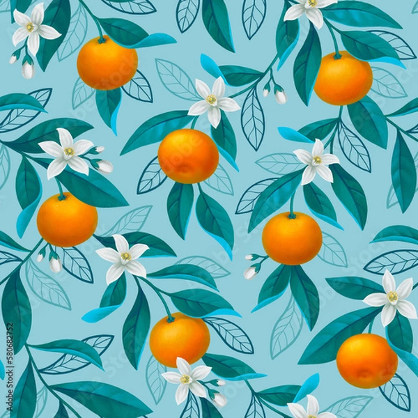 Obraz Hand painted illustration of orange tree branch. Seamless pattern design. Perfect for fabrics, wallpapers, clothes, home textile, posters, packaging design, stationery and other goods