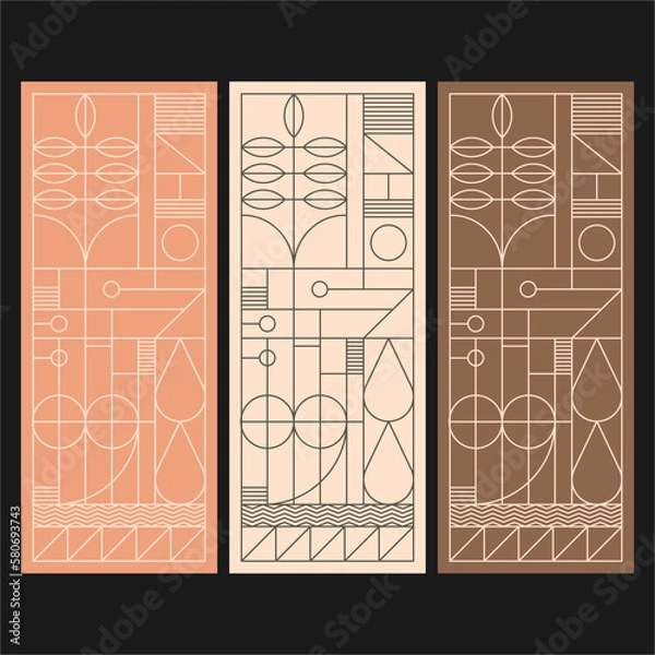 Fototapeta Geometric Pattern With Minimalist Mid Century Modern Nature Line Art Print For Stained Glass And Wooden Art Work. Flat Hand Lines Drawing.