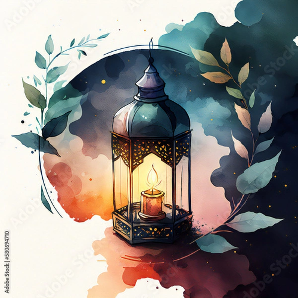 Fototapeta Painting of a lantern with leaf around it, digital illustration, ramadan kareem illustration background generated ai