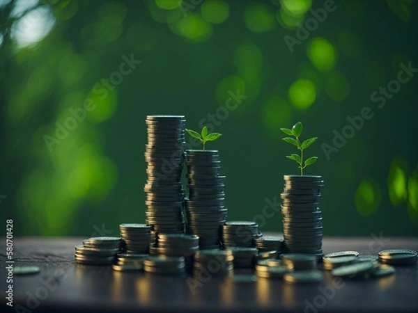 Fototapeta Plants growing on coin, stacking coins with green bokeh background, Business Finance and Money concept, Save money for prepare in the future, green finance, green growth, esg concept, protect