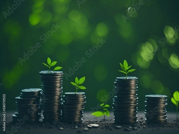 Obraz Plants growing on coin, stacking coins with green bokeh background, Business Finance and Money concept, Save money for prepare in the future, green finance, green growth, esg concept, protect