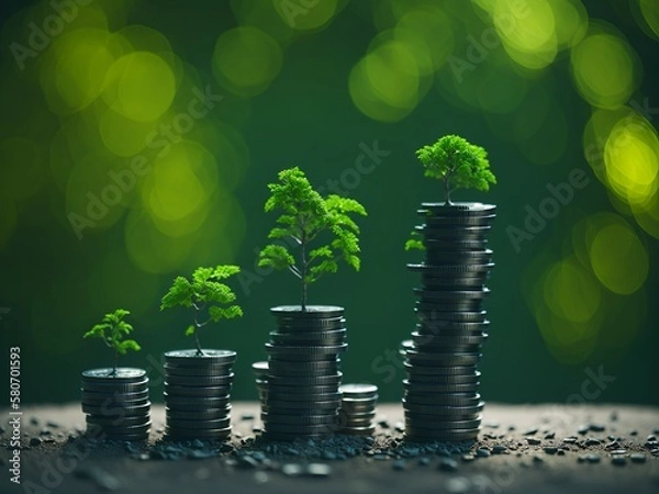 Obraz Trees growing on coin, stacking coins with green bokeh background, Business Finance and Money concept, Save money for prepare in the future, green finance, green growth, esg concept, protect