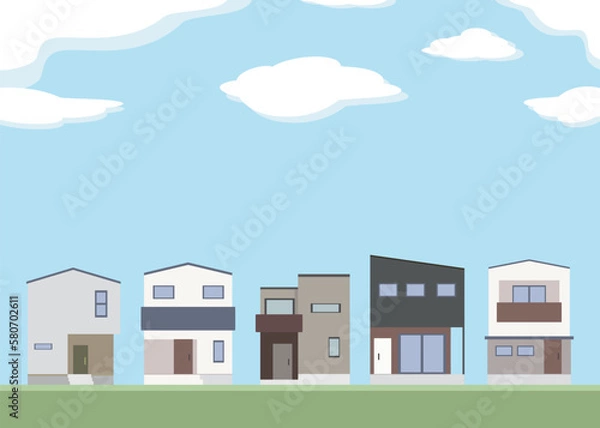 Obraz 家　一戸建て　住宅　街並み　青空　イラスト