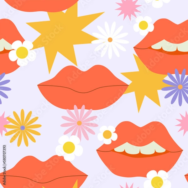 Fototapeta Comic female lips background in pop art, psychedelic hippie retro style.