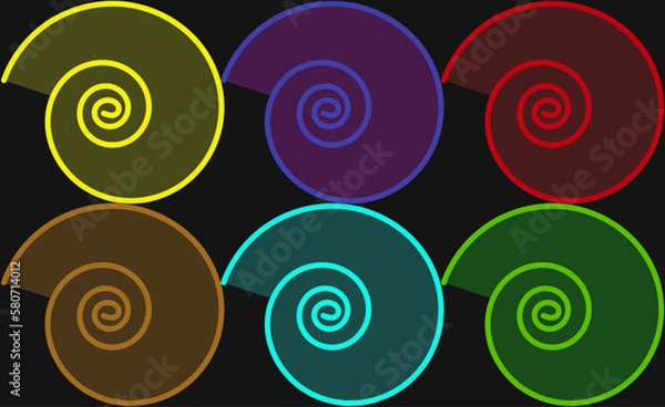 Obraz Six multi colored spirals on a dark background.